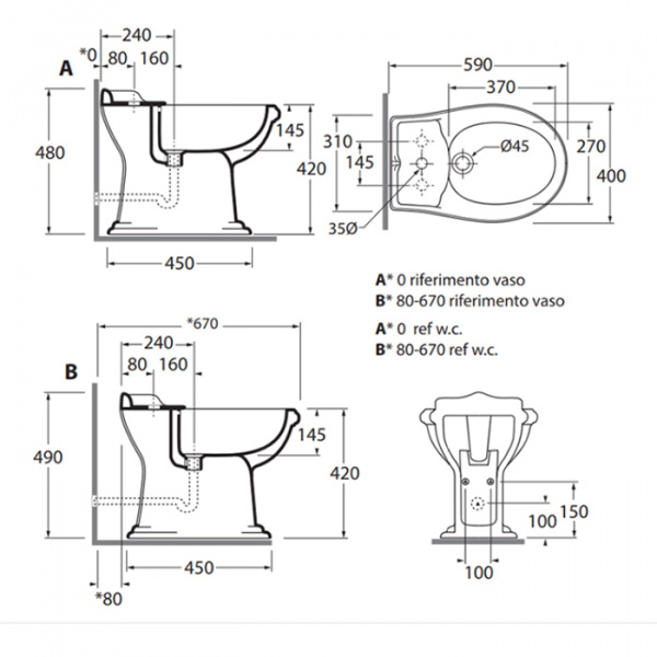 AZZURRA JUBILAEUM биде напольное 59х40см с 1 отв под смеситель, цвет: белый с креплением к полу