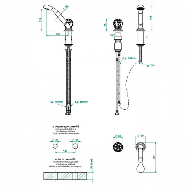 THG Flore Ручной душ на борт ванны, 2 отв., цвет: хром/хрусталь