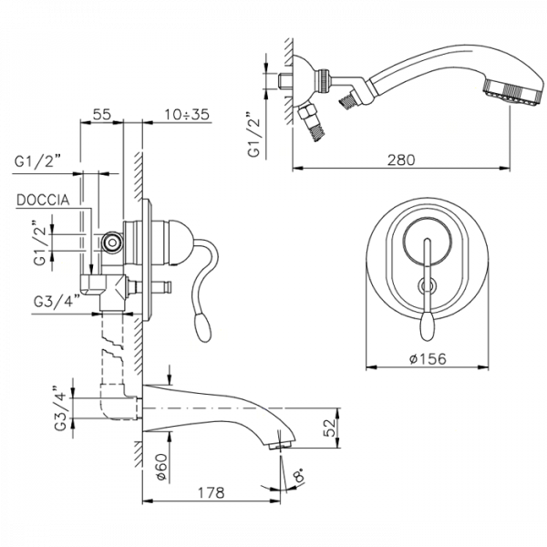 Nicolazzi Signal Смеситель для ванны встраиваемый на 3 отверствия, излив: 178 мм, цвет: хром