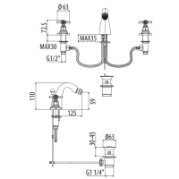 Gattoni TRD Смеситель для биде, 3 отв., ручки Paris, цвет: хром