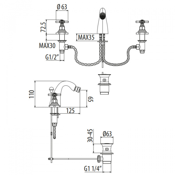 Gattoni TRD Смеситель для биде, 3 отв., ручки Paris, цвет: хром