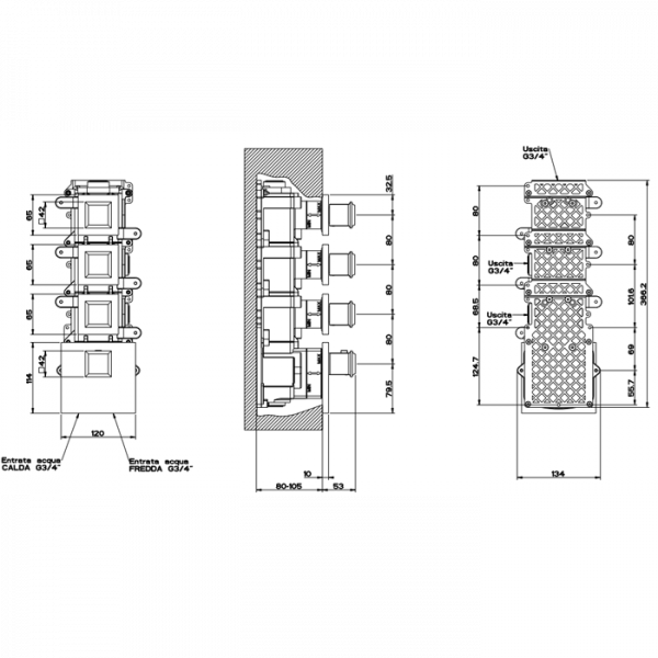 Gessi Eleganza Встраиваемый термостатический смеситель, подключение на 3/4”, с 3мя независимыми выходами, внешняя часть, цвет: хром