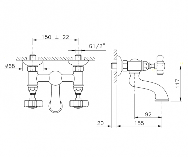 Nicolazzi Dames Anglaises Смеситель для раковины на 2 отверстия, настенный, излив: 92мм, цвет: хром
