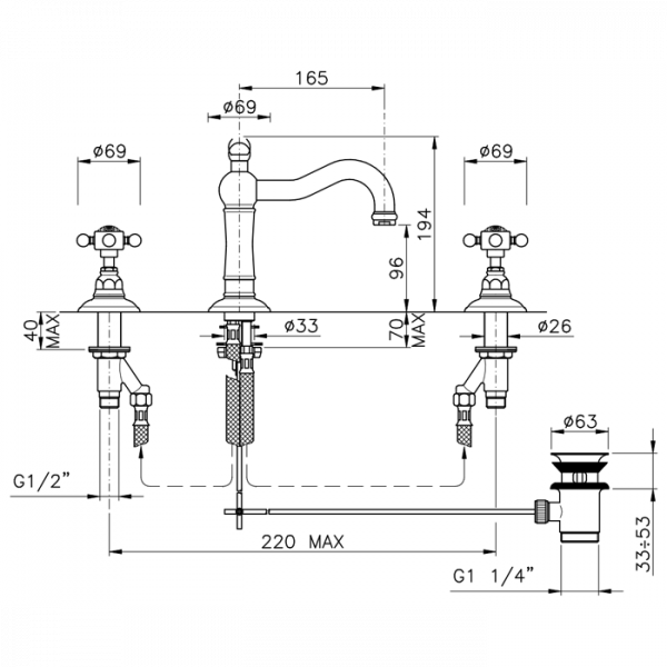 Nicolazzi Cristallo Liberty Смеситель для раковины на 3 отверстия, с донным клапаном, излив: 165 мм, цвет: хром