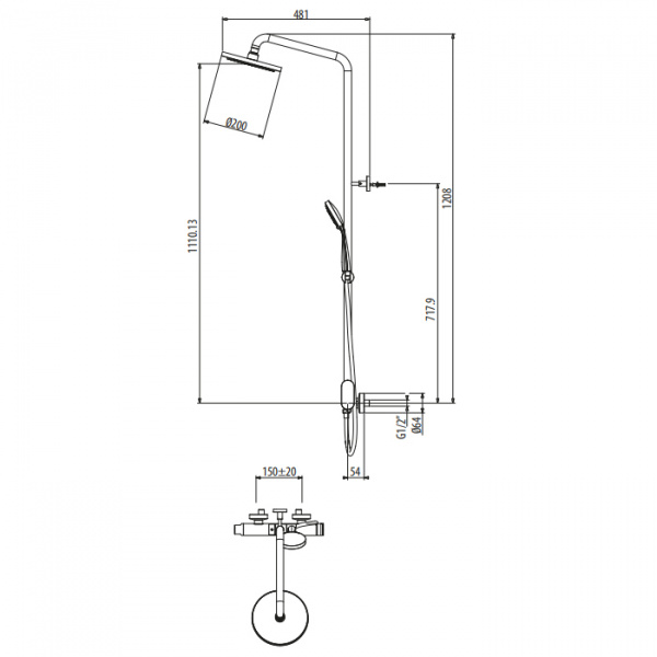 Gattoni H2Omix7000 Смеситель с колонкой и верхним душем 200 мм и ручной лейкой, цвет: хром