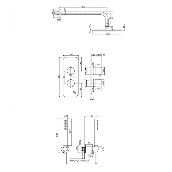 Carlo Frattini Wellness Душевой комплект с верх душем Ø250мм, наст держ 350мм, душ компл, смес встр с пер на 2/3 источн, внутр часть, цвет: хром