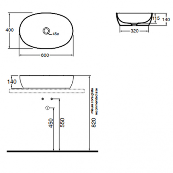 AZZURRA ELEGANCE Раковина 60х40 см, без отв., накладная, цвет: белый