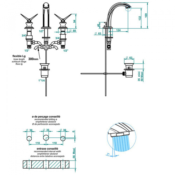 THG Papillon Смеситель для раковины, 3 отв., цвет: хром/прозрачный хрусталь