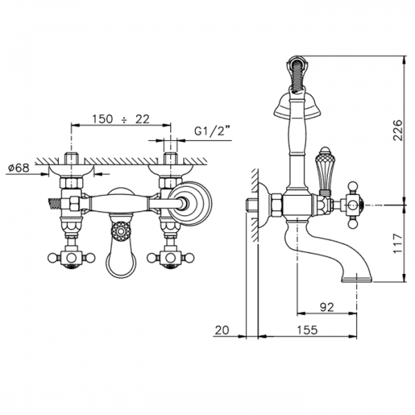 Nicolazzi Dames Anglaises Смеситель настенный с душем для ванны с 2мя ручками, с переключателем ванна/душ, цвет: хром