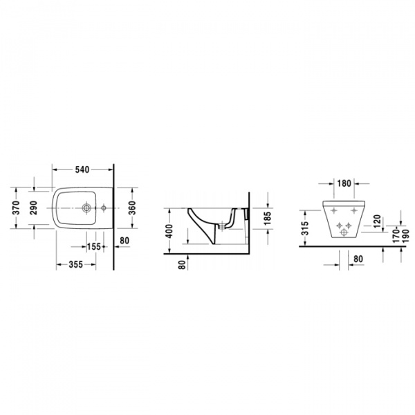 Duravit DuraStyle Биде подвесное с перел., с 1 отв. под смес., вкл. крепление Durafix, 37x54см,