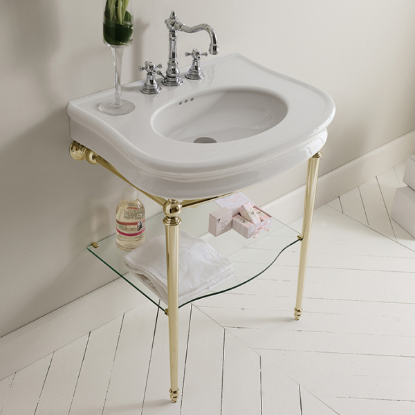 3SC Consolle Консоль Florian 90х54хh86см, с раковиной LA12, сифоном и стекл.полочкой, цвет: золото 24к. Lucido