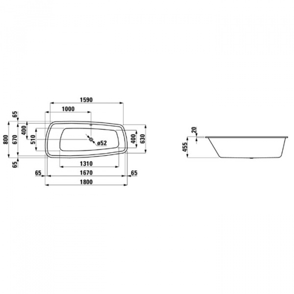 Laufen Palomba Ванна 180x80x45.5см, встраиваемая, ассиметричная, без слив-перелива, борт 2см, материал: акрил