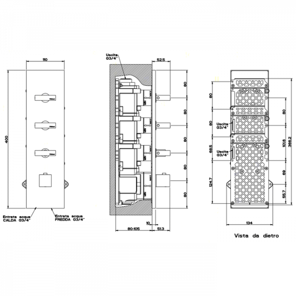 Gessi Rettangolo Встраиваемый термостатический смеситель, подключение на 3/4”, с 3мя независимыми выходами, внешняя часть, цвет: хром