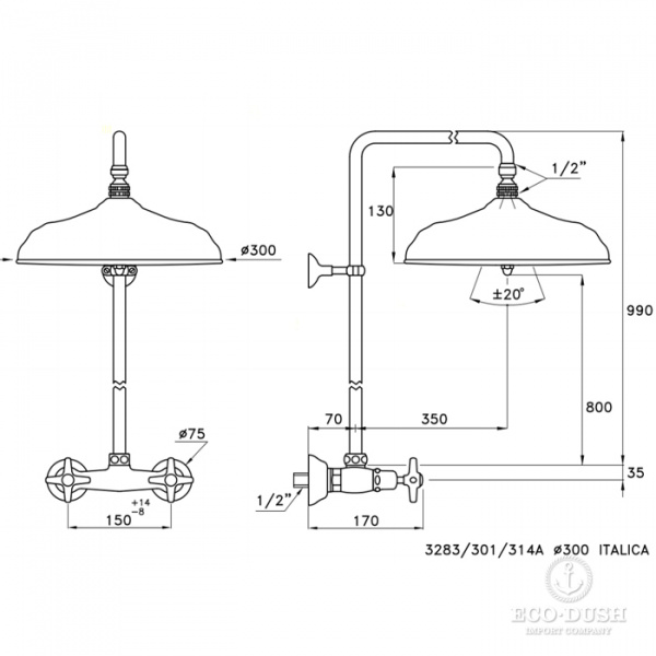 Stella Italica Душевой комплект 3283/301/314A-300: смеситель, штанга+верхний душ 300мм, цвет: хром