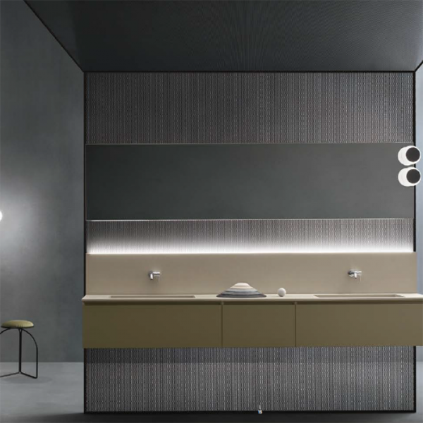 CERASA EDEN Комплект мебели подвесной 240см столешница с двумя интегрированными раковинами, стеновой панелью цвет SAND матовый. зеркало в раме, колонны подвесные. цвет: мебели RAL7002 оливково-серый