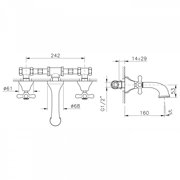 Nicolazzi Nuova Brenta Смеситель для раковины с 2мя ручками, настенный, излив: 160мм, цвет: хром