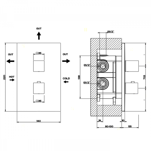 Gessi Rettangolo Встраиваемый термостатический смеситель, подключение на 3/4”, с переключателем на 3 выхода, внешняя часть, цвет: хром
