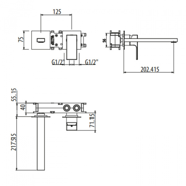 Gattoni Kubik Смеситель встраиваемый на 2 отверстия, с внутренней частью, излив 202 мм, цвет: bianco opaco