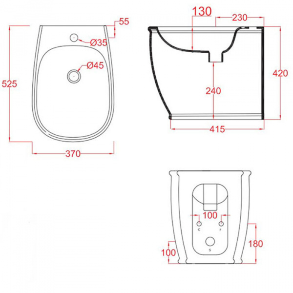 Artceram AZULEY  Биде напольное приставное 36х52см c креплением, с 1 отв под смеситель, цвет: белый