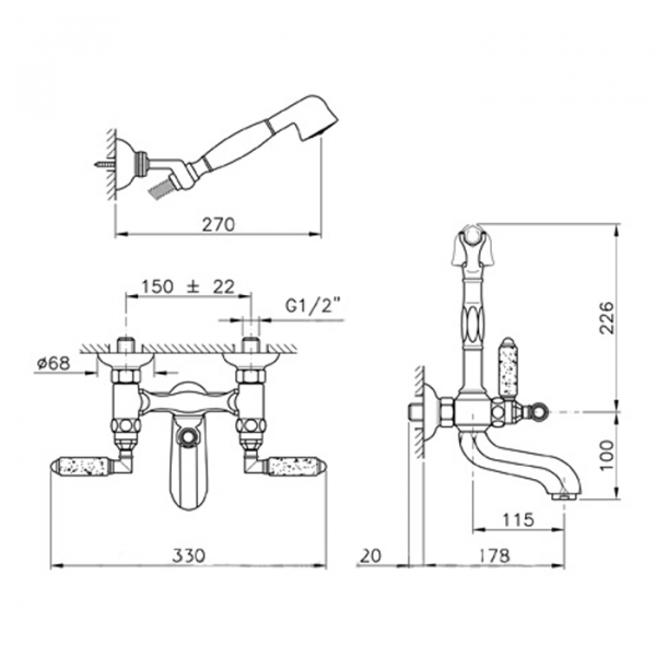 Nicolazzi Teide Granito Смеситель для ванны с душем duplex настенный на 3 отверствия, излив: 178 мм, ручки из натурального гранита, цвет: хром