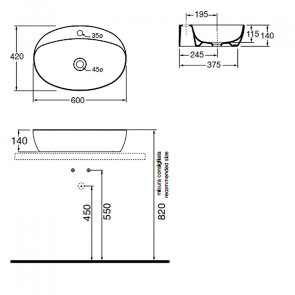 AZZURRA ELEGANCE Раковина 60х42 см, 1 отв., накладная, цвет: белый