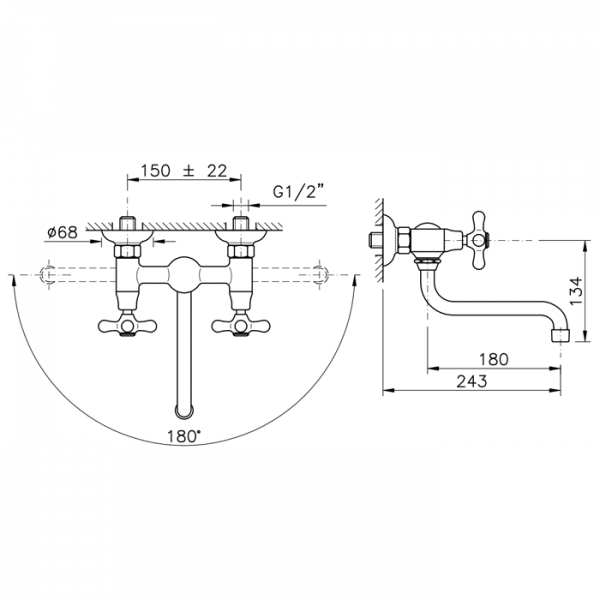 Nicolazzi Nuova Brenta Смеситель для раковины с 2мя ручками, настенный, цвет: хром