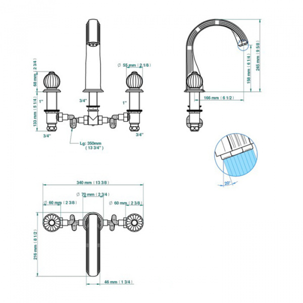 THG Mandarine clear crystal Смеситель для установки на борт ванны на 3 отверстия, без ручного душа, цвет: полированное золото