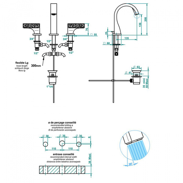 THG Ginkgo Смеситель для раковины, 3 отв., цвет: золото/хрусталь