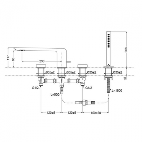 TOTO NEOREST Смеситель на борт ванны на 4отв, с ручным душем, цвет: хром