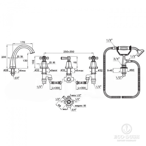 Stella Eccelsa Смеситель на борт ванны на 5 отверстий 3256TR/307, цвет: