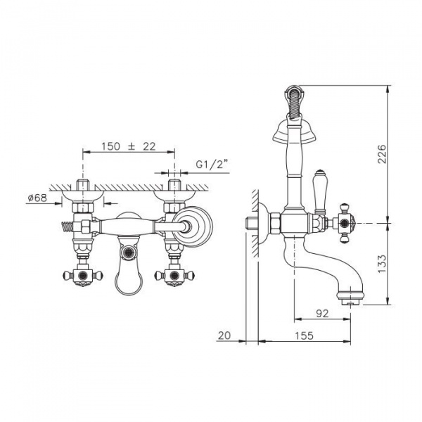 Nicolazzi Le Pietre Смеситель для ванны с 2мя ручками, с переключателем ванна/душ, цвет: золото