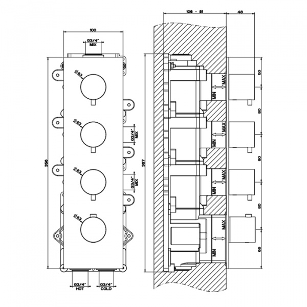 Gessi 316 Встраиваемый термостатический смеситель на 3 источника, резьба 3/4", внешняя часть, цвет: steel brushed