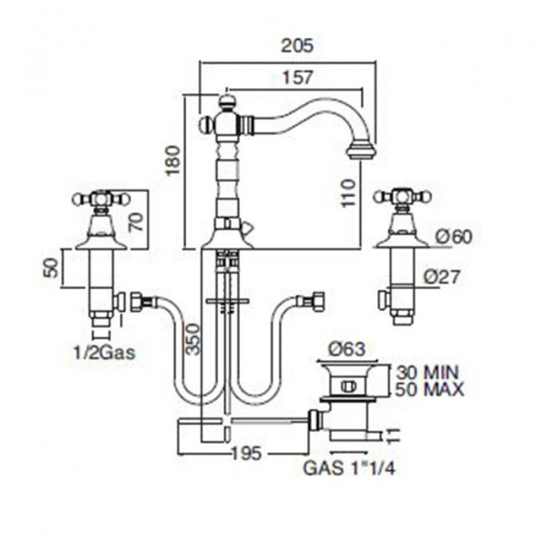 Sbordoni Londra Смеситель для раковины на 3 отверстия, цвет: черный никель