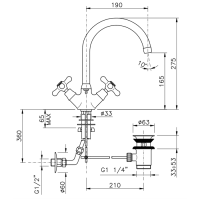 Nicolazzi Nuova Brenta Смеситель для раковины с 2мя ручками, поворотный излив: 190мм, с донным клапаном, цвет: хром