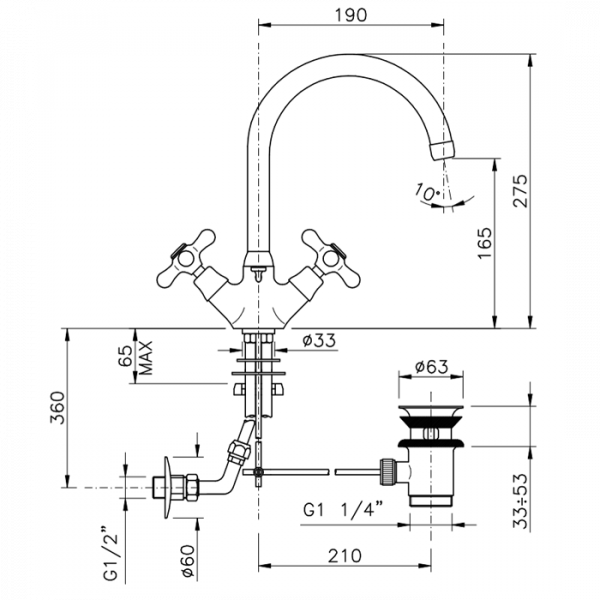 Nicolazzi Nuova Brenta Смеситель для раковины с 2мя ручками, поворотный излив: 190мм, с донным клапаном, цвет: хром