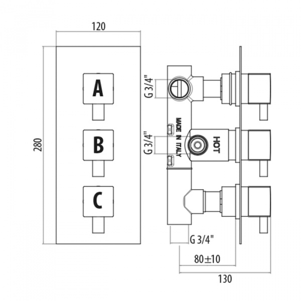 Gattoni Termostatici Square Термостатический встраиваемый смеситель для душа на 3 источника, цвет хром