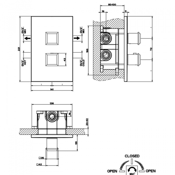 Gessi Eleganza Встраиваемый термостат, подключение на 3/4”, с переключателем на 2 выхода и фильтрами, внешняя часть, цвет: Finox