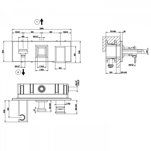 Gessi Eleganza Встраиваемый смеситель для ванны на 2 выхода, с подводом для воды, переключателем PULL и держателем ручного душа, внешняя часть, цвет: хром