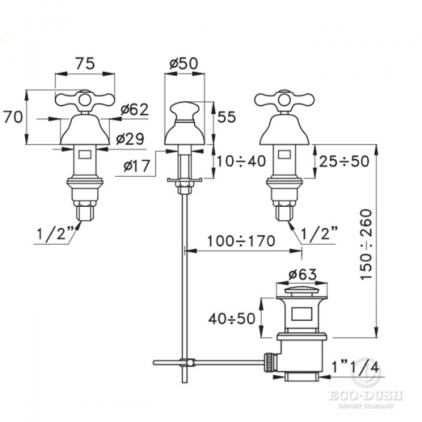 Stella Roma Смеситель для биде на 3 отверстия 3600, без излива, с донным клапаном, цвет: хром