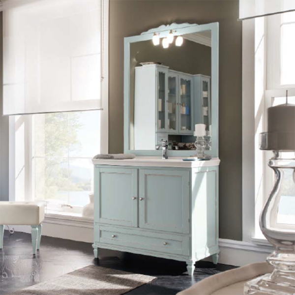 Cerasa York Комплект мебели 95 см База под раковину, 2 дверки , 1 ящик, с зеркалом, столешница с интегрированной раковиной (белый), 95х54см, Цвет: голубой