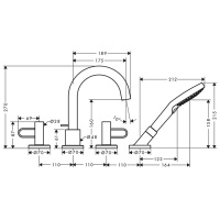 Axor Uno Смеситель на борт ванны, на 4 отв., с рукоятками-петлями, с ручным душем, внешняя часть, цвет: шлифованный никель