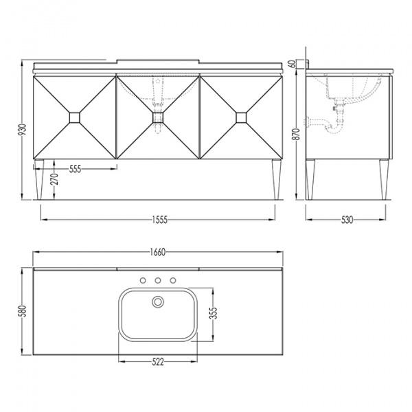 Devon&Devon Jetset 3 Тумба под раковину 166 см. с 3мя дверцами. ножки и основание черный глянец,  столешница мраморная NERO ASSOLUTO с раковиной SWINDON, Цвет: antiqued aluminium leaf