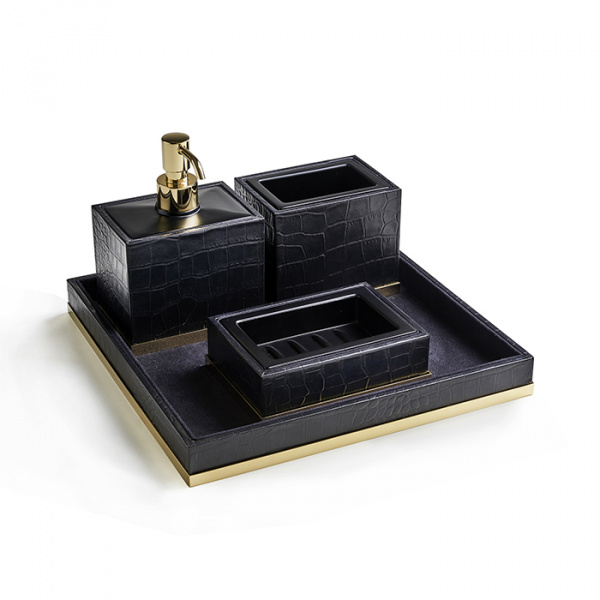 3SC Cocco Комплект: стакан, дозатор, мыльница, лоток, отделка: черная кожа, цвет: золото 24к. Lucido