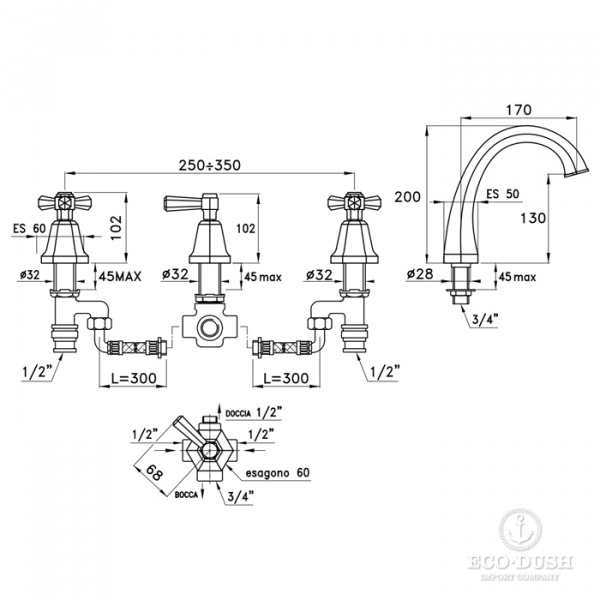 Stella Eccelsa Смеситель на борт ванны на 4 отверстия 3256TRTC, цвет: золото