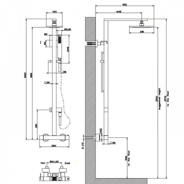 Gessi Rettangolo Термостатический смеситель с верхним душем, авт.переключателем ванна/душ, регулируемой лейкой и шлангом 1,5м, высота 1060мм, цвет: хром