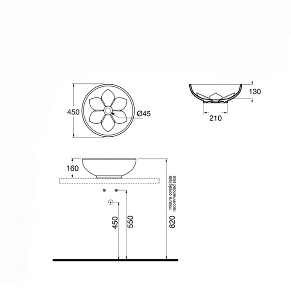 AZZURRA FLEUR Раковина 45х16 см, без отв., цвет: белый