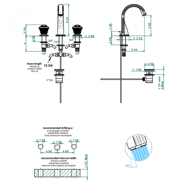 THG Dahlia Смеситель для раковины, 3 отв., цвет: хром