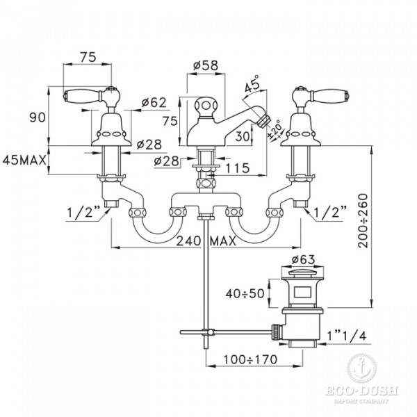 Stella Italica Leve Смеситель для биде на 3 отверстия 3601, с донным клапаном, цвет: хром