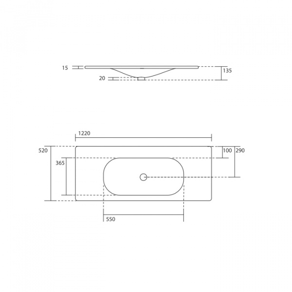 Kerasan Shape Раковина 122х52см, встраиваемая, с 1 отв., цвет: белый глянцевый