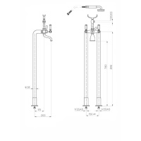 Bossini Liberty Смеситель для ванны, напольный, высота 890 мм, Душевая лейка Libertyцвет:Gom и шланг дв. фальцевание латунь, 150 см ½”FF, цвет: хром
